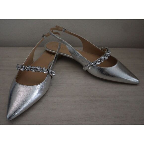 Jewel Badgley Mischka Women Sz 8.5 Silver Bambi Pointed Toe Slingback Flats - Picture 6 of 11